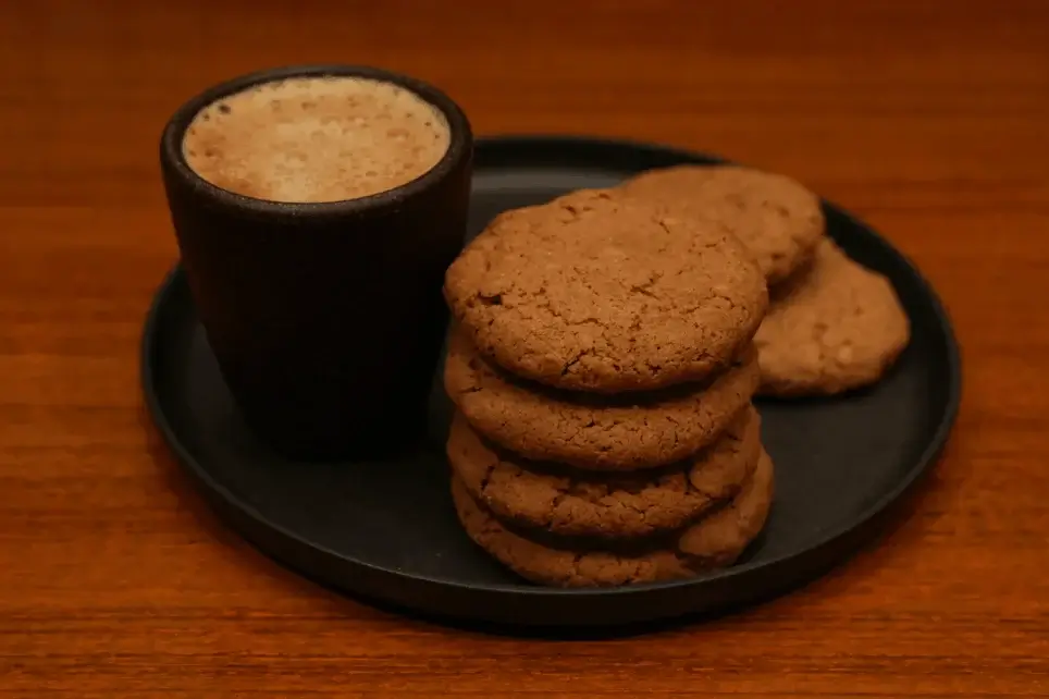 Artisan coffee latte art in a dark ceramic cup